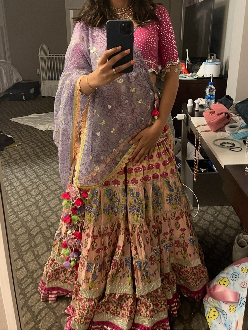 Floral Embroidered Pink & Peach Lehenga Maxi with Lilac Dupatta